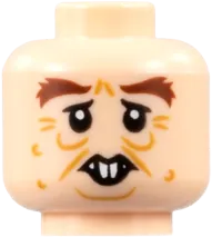 Minifigure, Head Dual Sided Reddish Brown Bushy Eyebrows, Medium Nougat Age Lines and Wrinkles, Buck Teeth, Lopsided Grin / Worried Pattern - Hollow Stud