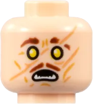 Minifigure, Head Dual Sided Reddish Brown Eyebrows and Moustache, Slash Scars, Neutral / Yellow Eyes and White Fangs Pattern - Hollow Stud