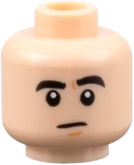 Minifigure, Head Dual Sided Black Thick Eyebrows, Neutral / Lopsided Grin with Dark Brown Stubble Pattern - Hollow Stud