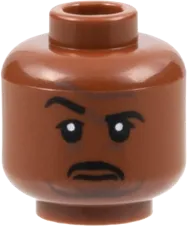 Minifigure, Head Dual Sided Black Eyebrows and Moustache, Dark Brown Contour Lines, Sad / Raised Eyebrow Right Pattern - Hollow Stud