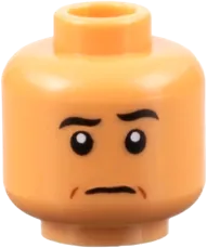 Minifigure, Head Dual Sided Black Eyebrows, Reddish Brown Contour Lines, Raised Eyebrow Left / Slight Open Mouth Grin with Teeth Pattern - Hollow Stud