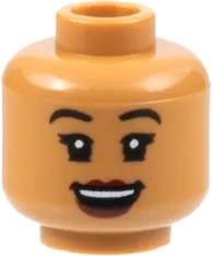 Minifigure, Head Dual Sided Female, Black Eyebrows, Dark Red Lips, Lopsided Grin with Raised Eyebrow Right / Open Mouth Smile Pattern - Hollow Stud