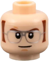 Minifigure, Head Dual Sided Reddish Brown Eyebrows and Sideburns, Silver Glasses, Slight Grin / Scowl Pattern - Hollow Stud