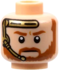 Minifigure, Head Dual Sided Dark Orange Eyebrows and Beard, Open Mouth with White Teeth / Closed Mouth and Gold Headset Pattern - Hollow Stud