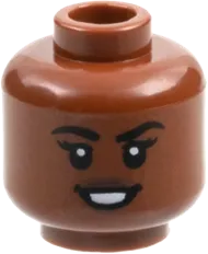 Minifigure, Head Dual Sided Female, Black Eyebrows, Dark Brown Lips, Grin / Open Mouth Smile Pattern - Hollow Stud