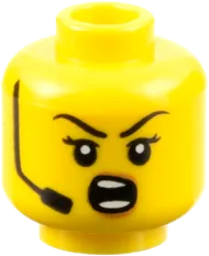 Minifigure, Head Dual Sided Female Black Eyebrows and Headset, Medium Nougat Lips, Lopsided Grin / Shouting Pattern - Hollow Stud
