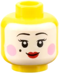 Minifigure, Head Dual Sided Female, White Face, Black Eyebrows, Beauty Mark, Bright Pink Circles, Red Lips, Closed Smile / Open Smile Pattern - Hollow Stud