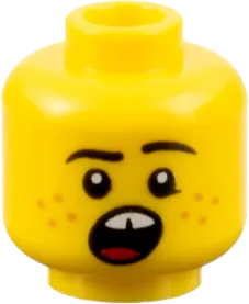 Minifigure, Head Black Eyebrows, Medium Nougat Freckles, Open Mouth with Gap in Teeth, Red Tongue Pattern - Hollow Stud
