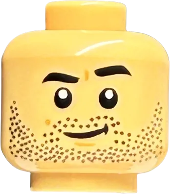 Minifigure, Head Black Eyebrows and Beard Stubble with Smirk and Chin Dimple Pattern - Hollow Stud