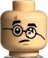 Minifigure, Head Dual Sided Medium Nougat Lightning Scar, Black Eyebrows, Glasses Round, Chin Dimple, Smirk / Frown with Broken Glasses Pattern - Hollow Stud