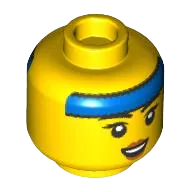 Minifigure, Head Dual Sided Female Black Eyebrows and Eyelashes, Blue Headband, Open Smile / Closed Eyes, Lopsided Open Mouth Pattern - Hollow Stud