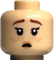 Minifigure, Head Dual Sided Female Reddish Brown Eyebrows, Nougat Lips and Freckles, Smile / Scared with Open Mouth Pattern - Hollow Stud