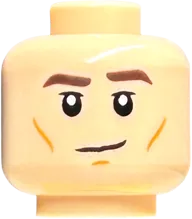 Minifigure, Head Dual Sided Dark Brown Eyebrows, Medium Nougat Cheek Lines and Chin Dimple, Neutral / Smirk with Open Mouth Pattern - Hollow Stud