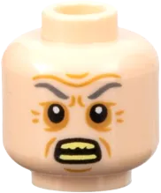 Minifigure, Head Dual Sided Dark Bluish Gray Eyebrows, Medium Nougat Age Lines, Neutral / Angry with Bright Light Yellow Teeth Pattern - Hollow Stud