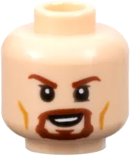 Minifigure, Head Dual Sided Reddish Brown Eyebrows and Goatee, Medium Nougat Cheek Lines, Neutral / Open Mouth Smile Pattern - Hollow Stud