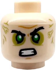 Minifigure, Head Dual Sided Black Eyebrows, Chin Dimple, Open Mouth Smile / Angry with Green Eyes, Olive Green Eye Shadow and Veins Pattern - Hollow Stud