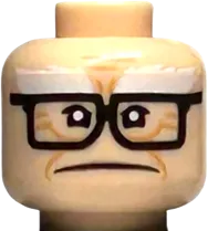 Minifigure, Head Dual Sided White Bushy Eyebrows, Medium Nougat Wrinkles and Cheek Lines, Black Glasses, Frown / Smile Pattern - Hollow Stud