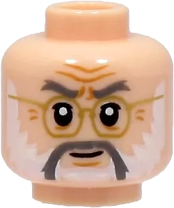 Minifigure, Head Dark Bluish Gray Eyebrows and Moustache, White Beard, Gold Glasses, Medium Nougat Age Lines, Chin Dimple, Smile Pattern - Hollow Stud