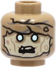 Minifigure, Head Alien Mummy with Tan Face, White and Metallic Light Blue Eyes, Black Open Mouth, Wraps on Forehead and Back Pattern - Hollow Stud