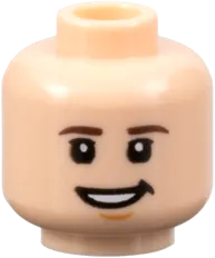 Minifigure, Head Dual Sided Dark Brown Eyebrows, Nougat Chin Dimple, Lopsided Grin / Narrow Open Mouth Smile Pattern - Hollow Stud