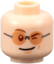 Minifigure, Head Dual Sided Medium Brown Eyebrows, Nougat Dimples, Smile / Winking with Glasses Pattern - Hollow Stud