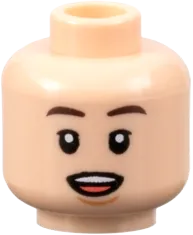 Minifigure, Head Dual Sided Dark Brown Eyebrows, Nougat Chin Dimple, Neutral / Surprised with Open Mouth with Teeth and Tongue Pattern - Hollow Stud