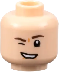 Minifigure, Head Dual Sided Dark Brown Eyebrows, Nougat Dimples, Open Mouth Smile with Teeth and Tongue / Wink Right Pattern - Hollow Stud