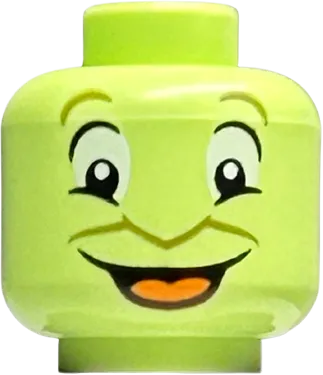 Minifigure, Head Alien Olive Green Eyebrows and Nose Outline, Large White Eyes, Open Mouth Smile with Orange Tongue Pattern - Hollow Stud