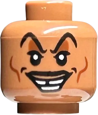 Minifigure, Head Black Raised Eyebrows and Moustache, Reddish Brown Eye Shadow and Cheek Lines, Crooked Open Mouth Smile Pattern - Hollow Stud