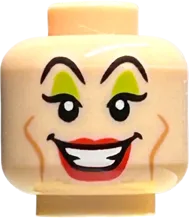 Minifigure, Head Dual Sided Female Black Eyebrows, Lime Eye Shadow, Medium Nougat Cheek Lines, Red Lips, Open Mouth Smile / Frown Pattern - Hollow Stud