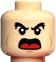 Minifigure, Head Dual Sided Black Bushy Eyebrows, Medium Nougat Cheek Lines, Large Smile / Angry with Open Mouth and Red Tongue Pattern - Hollow Stud