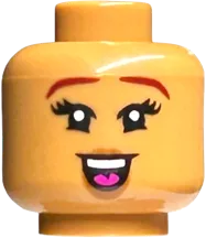 Minifigure, Head Dual Sided Female Dark Red Eyebrows, Dark Orange Lips, Open Mouth Smile with Teeth / Large Smile with Dark Pink Tongue Pattern - Hollow Stud