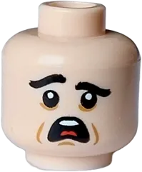 Minifigure, Head Dual Sided Black Eyebrows, Medium Nougat Cheek Lines, Open Mouth Scared / Terrified with White Teeth and Red Tongue Pattern - Hollow Stud