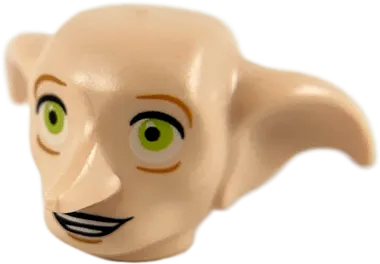 Minifigure, Head, Modified Dobby Type 2 with Lime Eyes Detailed and Smile Showing Teeth Pattern