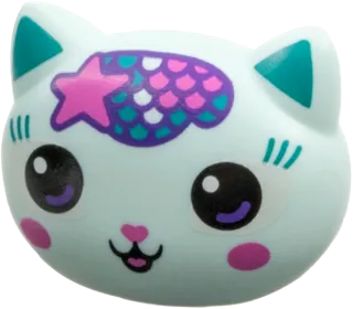 Mini Doll, Head, Modified Cat Wide with Large Eyes with Dark Purple Highlights, Dark Turquoise Eyelashes and Ears, Dark Pink Nose, Tongue, and Circles on Cheeks, Star and Scales on Forehead Pattern