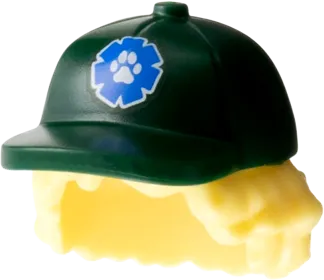 Minifigure, Hair Combo, Hair with Hat, Bushy Hair with Dark Green Ball Cap with Blue Patch with White Paw Pattern