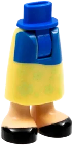 Mini Doll Hips and Bright Light Yellow Skirt Long with Molded Light Nougat Legs / Boots and Printed Blue Apron, Yellowish Green Flowers and Black Shoes Pattern - Thick Hinge