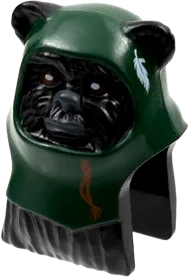 Minifigure, Head, Modified SW Ewok with Dark Green Hood with White Feather Pattern