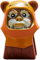 Minifigure, Head, Modified SW Ewok with Dark Orange Hood with Reddish Brown Stitching and Tan Face Paint Pattern
