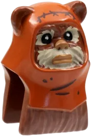 Minifigure, Head, Modified SW Ewok with Dark Orange Hood with Dark Brown Stitching and Wrinkles, Tan Face Fur Pattern