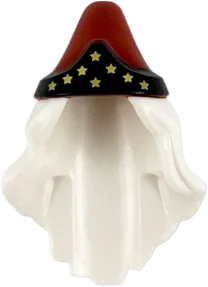 Minifigure, Hair Combo, Hat with Hair, Long and Wavy with Dark Red Pointed Hat, Black Band and Gold Stars Pattern