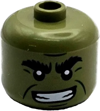 Minifigure, Head, Modified Giant Black Bushy Eyebrows, Dark Green Cheek Lines, Chin Dimple, and Furrowed Brow, Open Mouth Smile with Teeth Pattern - Vented Stud