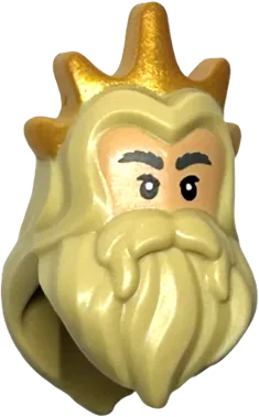 Minifigure, Hair Long with Center Part, Beard and Moustache &#40;Triton&#41; with Gold Crown and Medium Tan Face with Dark Bluish Gray Bushy Eyebrows Pattern