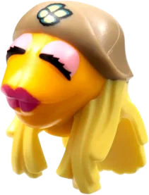 Minifigure, Head, Modified Muppet Janice with Dark Tan Hat, Bright Light Yellow Hair Pattern