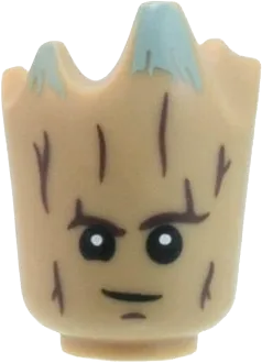 Minifigure, Head, Modified Groot with Dark Brown Tree Bark, Sand Green Moss, Black Eyes with White Pupils, Lopsided Grin Pattern