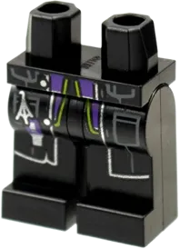 Hips and Legs with Black Lab Coat with Dark Bluish Gray Pockets and Silver Trim, USB Key Chain and Dark Purple and Lime Undershirt Pattern