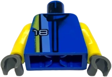 Torso Racers White '18' on Medium Blue, Black, and Yellow Stripes Pattern / Yellow Arms / Dark Gray Hands