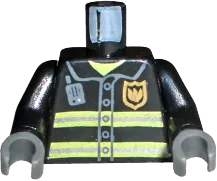 Torso Fire Uniform Gold Badge, Silver Reflective Stripes, Dark Bluish Gray Radio Pattern / Black Arms / Dark Bluish Gray Hands