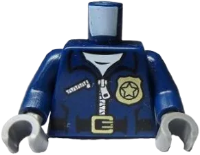 Torso Police Jacket with White Undershirt, Zippers, Gold Badge and Buckle with &#39;POLICE&#39; Pattern on Back / Dark Blue Arms / Dark Bluish Gray Hands