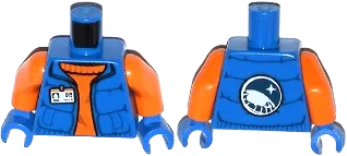 Torso Down Vest with ID Badge over Orange Sweater, Arctic Explorer Logo on Reverse Pattern / Orange Arms / Blue Hands